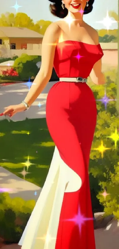 Vintage artwork of a woman in a stylish red dress outdoors.