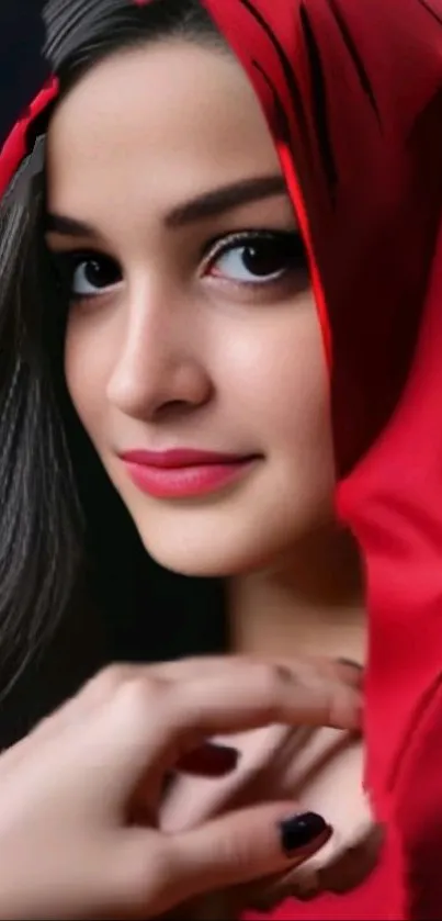 Elegant woman in red hood with striking gaze.