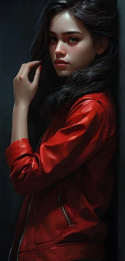 Elegant woman in a red jacket leaning against a wall.