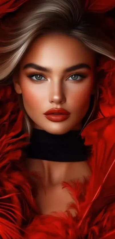 Elegant woman surrounded by red feathers in artistic portrait.