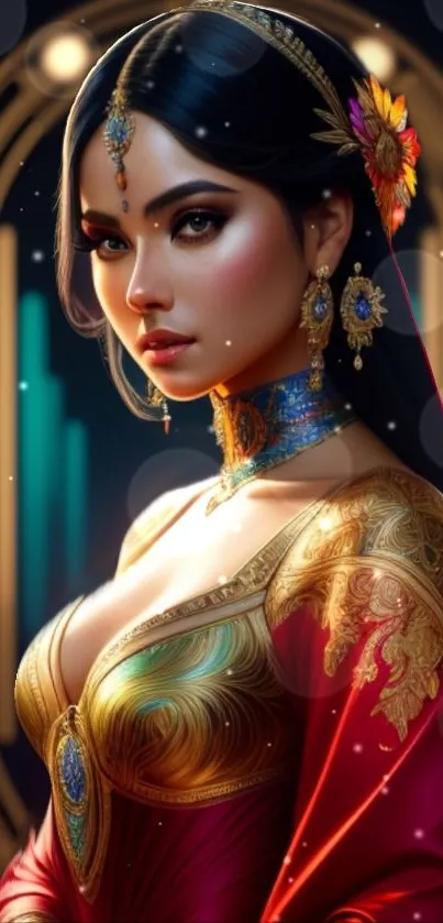 Elegant woman in colorful, regal attire with jewelry in a striking digital design.