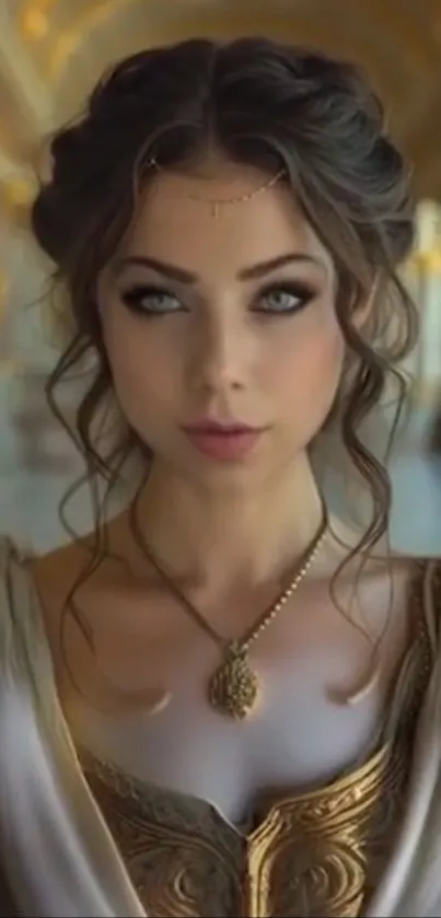 Elegant woman with golden necklace in a royal hallway.