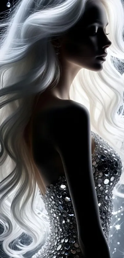 Silhouette of elegant woman in sparkling dress with flowing white hair.