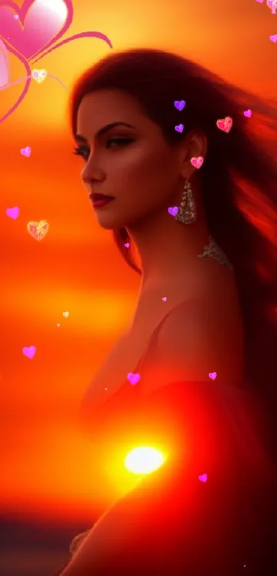 Elegant woman in vibrant sunset with heart designs.