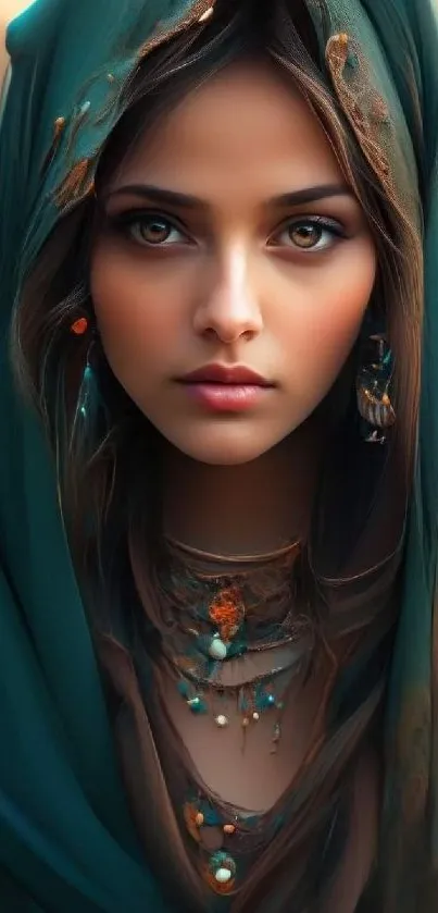 Elegant woman in teal veil with captivating eyes.