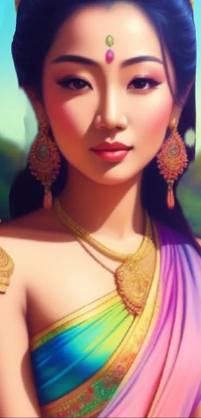 Digital art of a woman in colorful traditional attire with purple and gold accents.