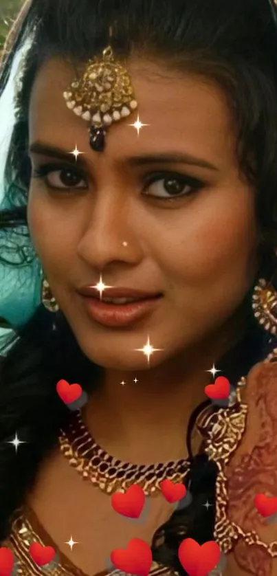 Woman in traditional attire with heart accents and jewelry on mobile wallpaper.