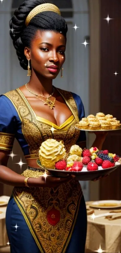 Elegant woman in navy traditional dress holding desserts in a luxurious dining setting.