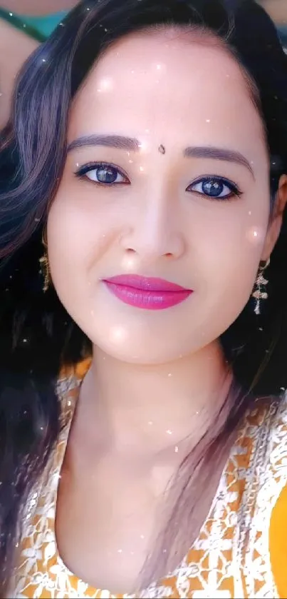 Woman in a vibrant yellow traditional dress smiling gracefully.