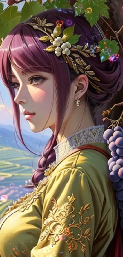 Anime woman standing in vineyard with grapes and green leaves.