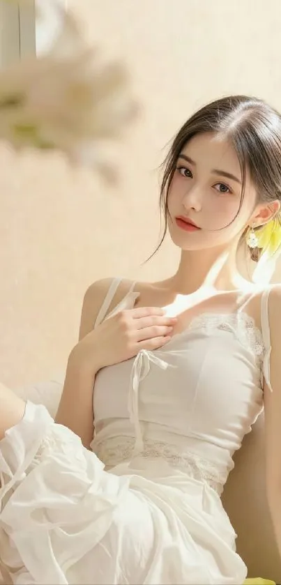 A graceful woman in a white dress with a soft background.