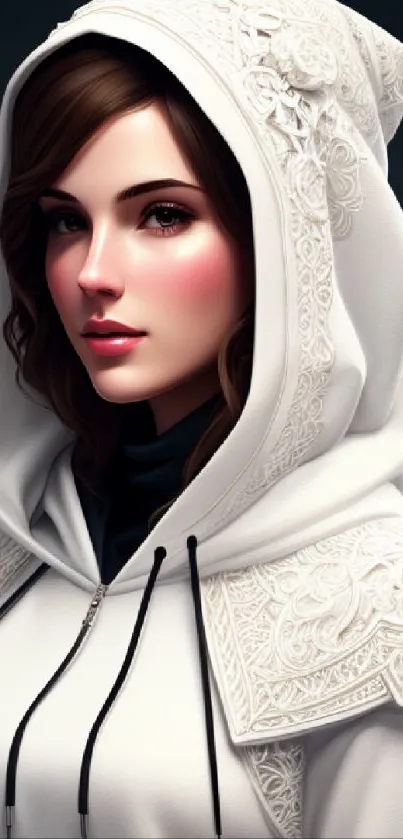 Elegant woman in a detailed white hoodie with intricate embroidery.