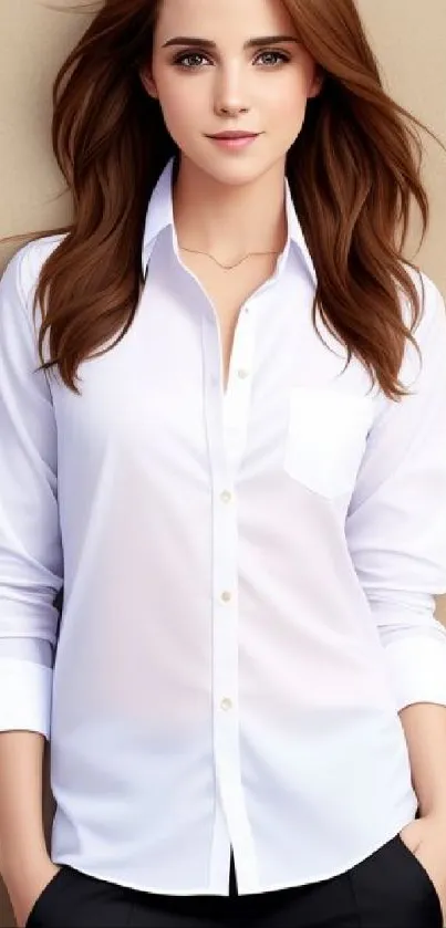 Elegant woman in white shirt mobile wallpaper.