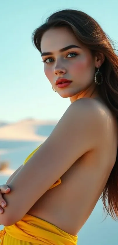 Elegant woman in yellow attire in a serene landscape.