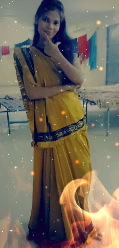 Woman in elegant yellow sari on a sparkly background.