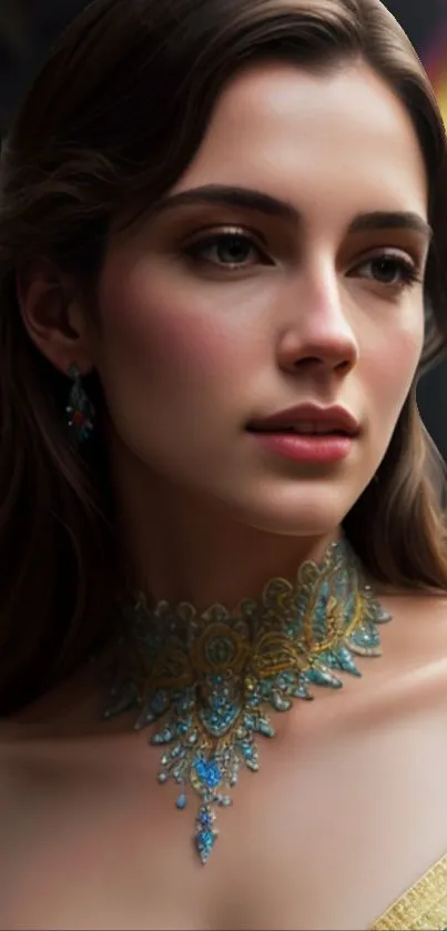 Elegant woman with intricate jewelry in a stylish mobile wallpaper.