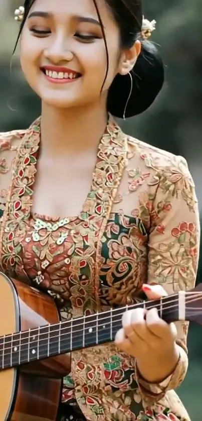 Woman playing guitar in floral attire