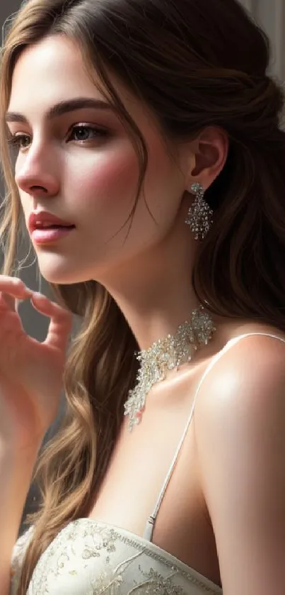 Elegant woman in a soft-lit portrait wearing jewelry.