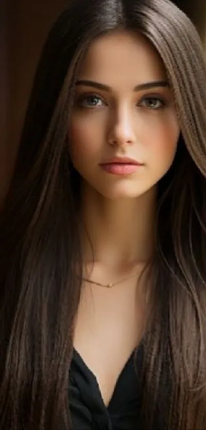 Elegant woman portrait with long brown hair, ideal for phone wallpaper.