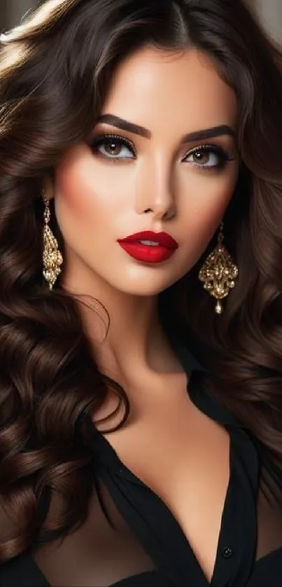 Elegant woman with red lips and gold earrings on a dark background.