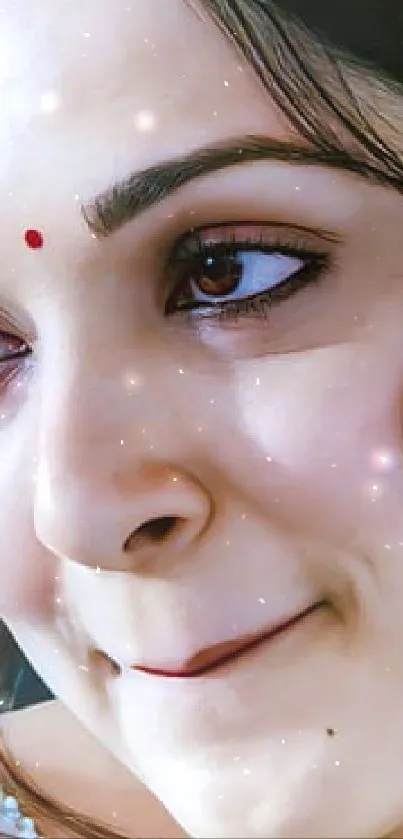 Close-up of an elegant woman's face with soft lighting and sparkles.