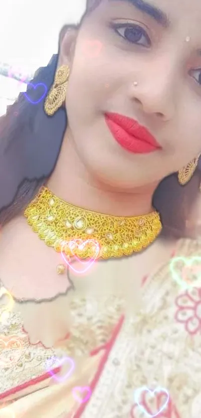 Portrait of woman in traditional attire with jewelry and heart effects.