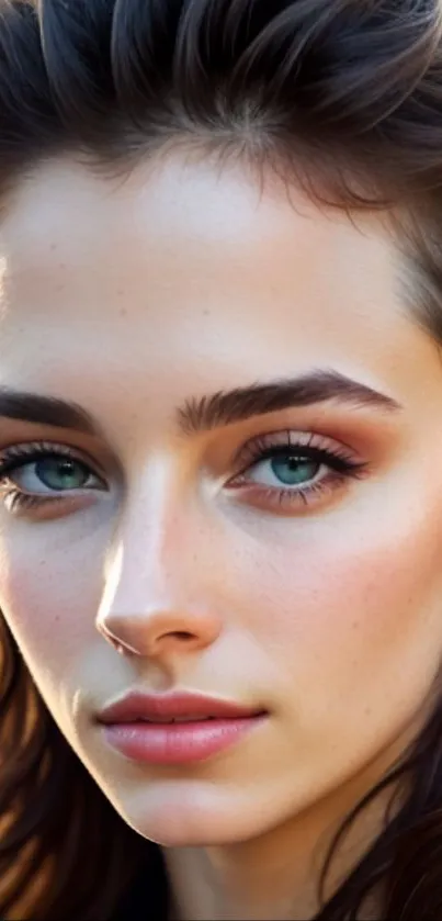 Elegant portrait of a woman with blue eyes and warm beige tones.