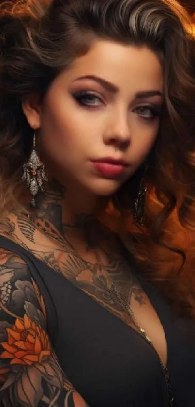 Elegant tattooed woman portrait in warm tones with artistic flair.