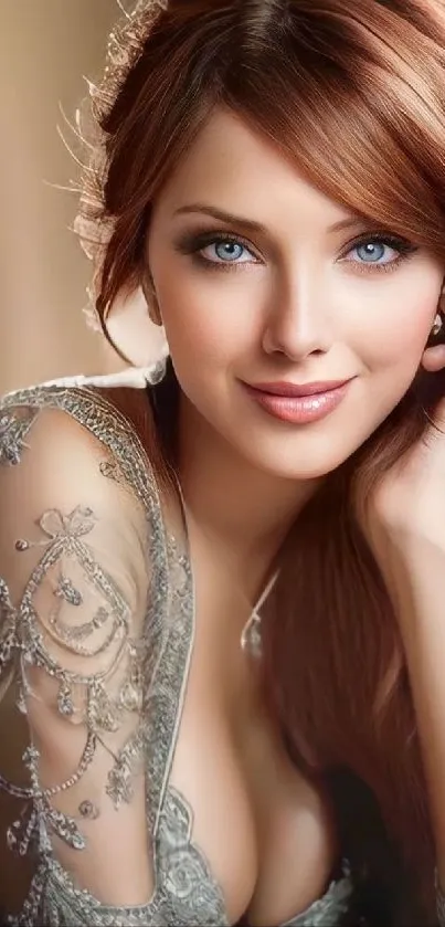 Elegant woman with blue eyes and intricate dress on mobile wallpaper.