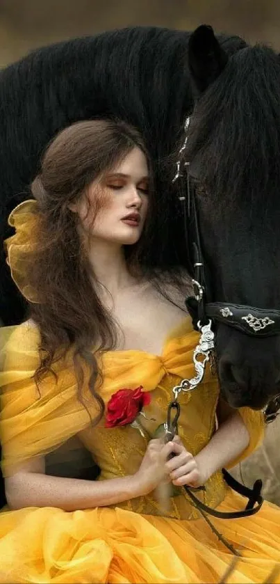 Woman in yellow dress with black horse.