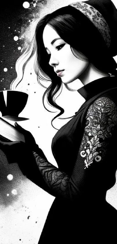 Elegant black and white illustration of a woman holding a book and a coffee cup.