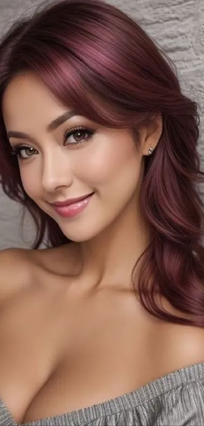 Mobile wallpaper of a woman with elegant burgundy hair and a gentle smile.