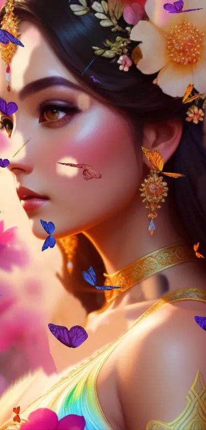 Elegant portrait of a woman surrounded by butterflies and flowers.