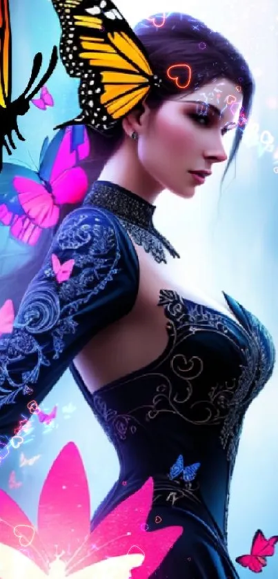 Elegant woman with colorful butterflies surrounding her, featuring a soft blue gradient.