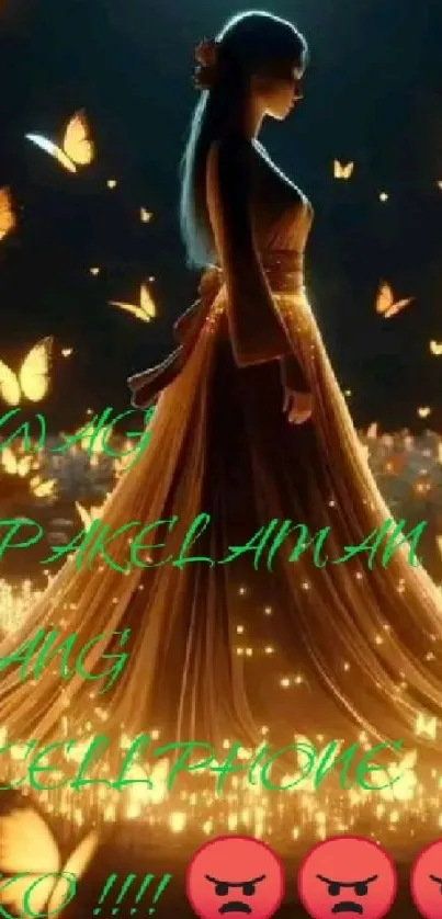 Elegant woman with glowing butterflies in gold dress.