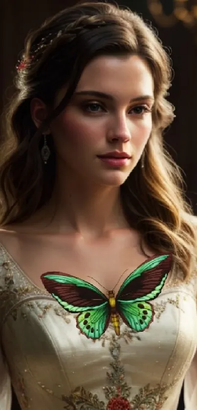 Elegant woman with a green butterfly accent on her ornate dress, set in a dark background.