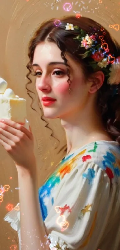 Elegant woman with floral hairpiece holding a cake in vintage-style art.