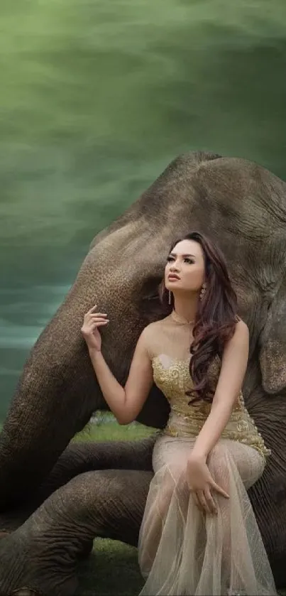 Elegant woman with elephant in nature setting.