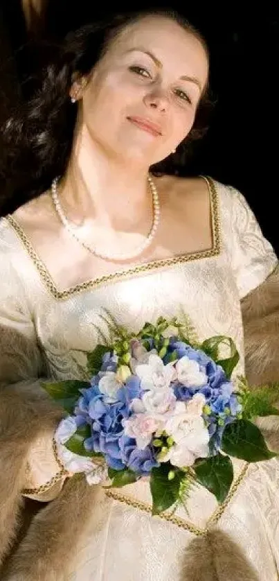 Woman in vintage attire with floral bouquet.