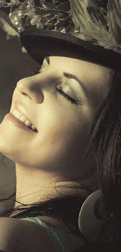 Woman smiling with floral hat in dark, elegant setting.