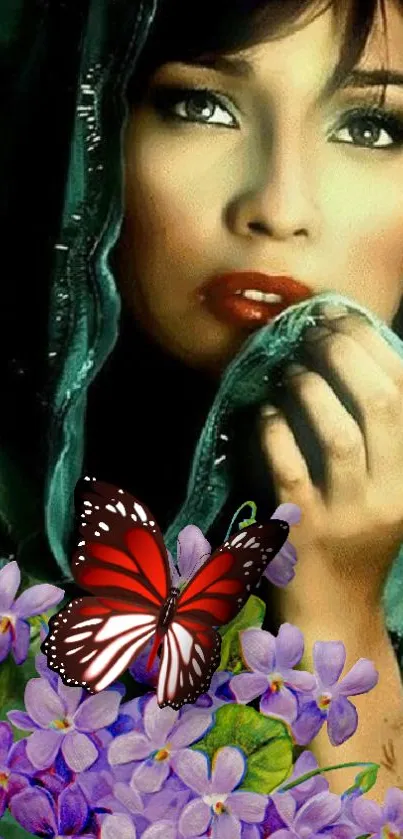 Elegant woman with a butterfly and flowers, artistic mobile wallpaper.