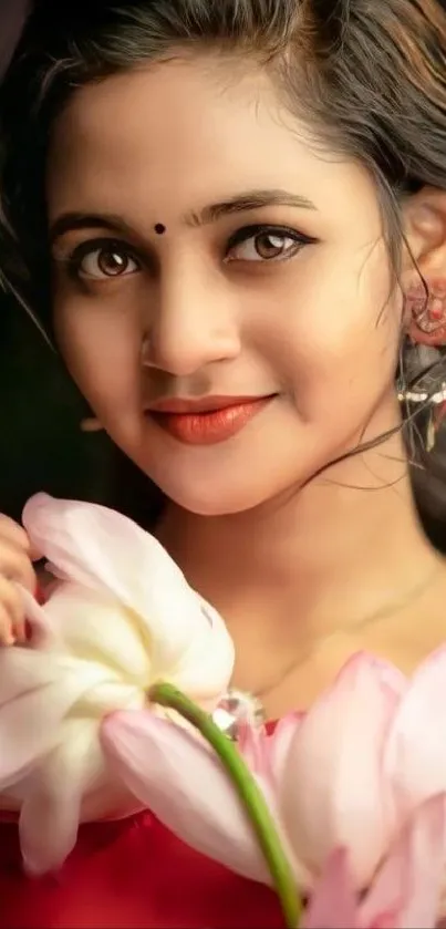 Woman holding flowers with a gentle smile.