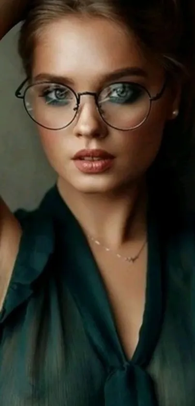 Elegant woman in glasses with teal top.