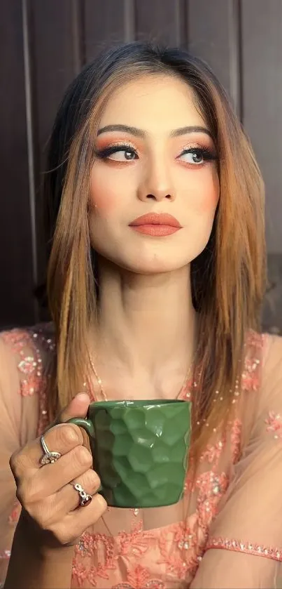 Woman in peach dress holding a green mug.