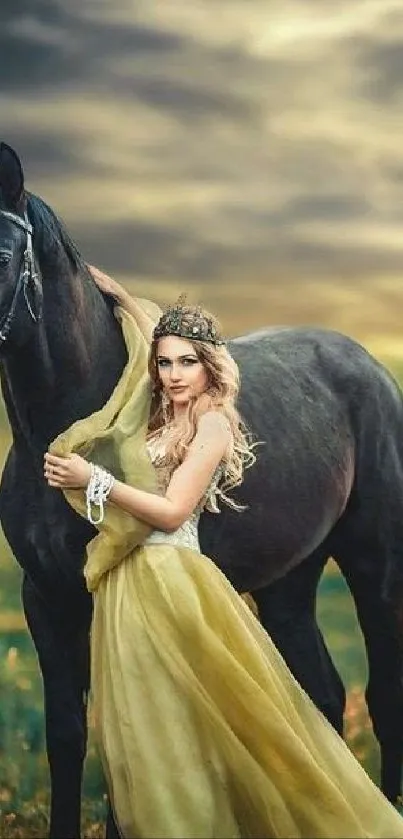 Elegant woman in yellow dress with a horse in a field wallpaper.