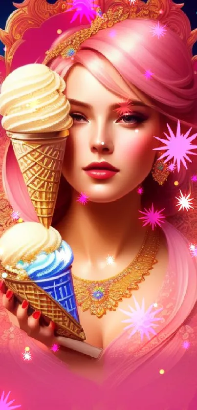 Elegant woman with pink hair and ice cream cones on a vibrant background.