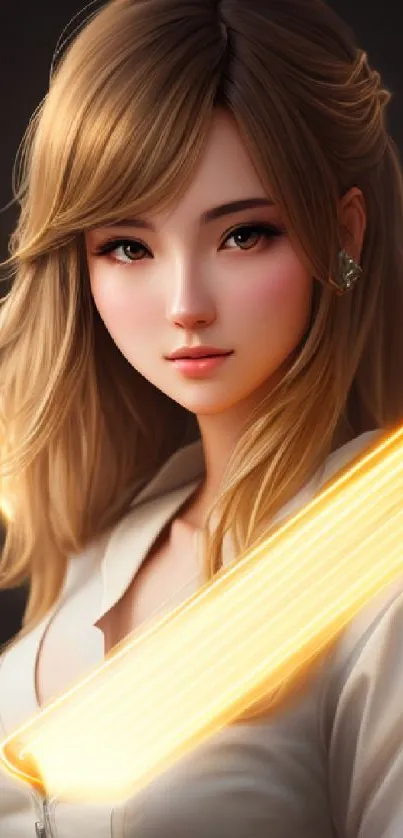 Elegant digital art of a woman with glowing light streaks.