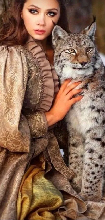 Elegant lady with lynx in forest setting mobile wallpaper.