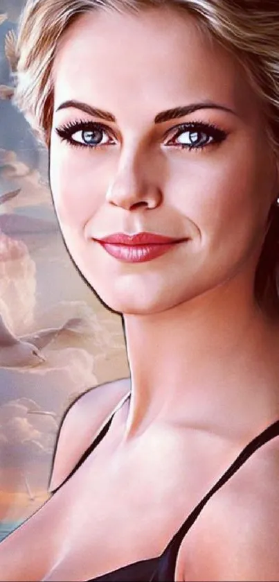 Woman with ocean backdrop mobile wallpaper, elegant and serene.