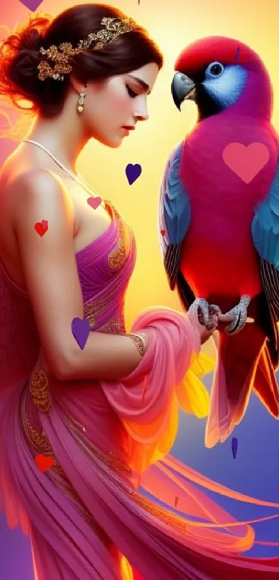 Artistic wallpaper of elegant woman with colorful parrot in purple hues.